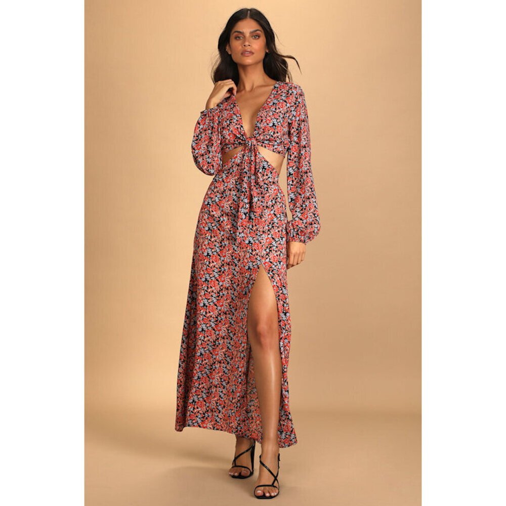 Lulus Bloom Ready Black Floral Print Cutout Long Sleeve Maxi Dress - Size XS